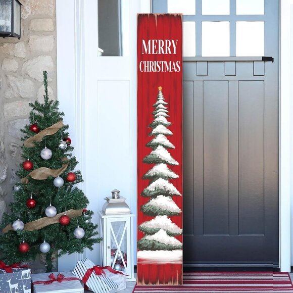 Wooden Merry Christmas Sign Red Snowy Tree Stackable Panels Holiday Cheer Decor - Picture 1 of 16
